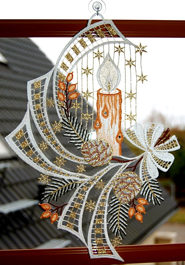 Plauener Spitze Fensterbild Weihnachten Kerze Terrakotta Kristall  Fensterdekoration Glitzerstein Weihnachtsdekoration Weihnachtsschmuck mit  Saugnapf