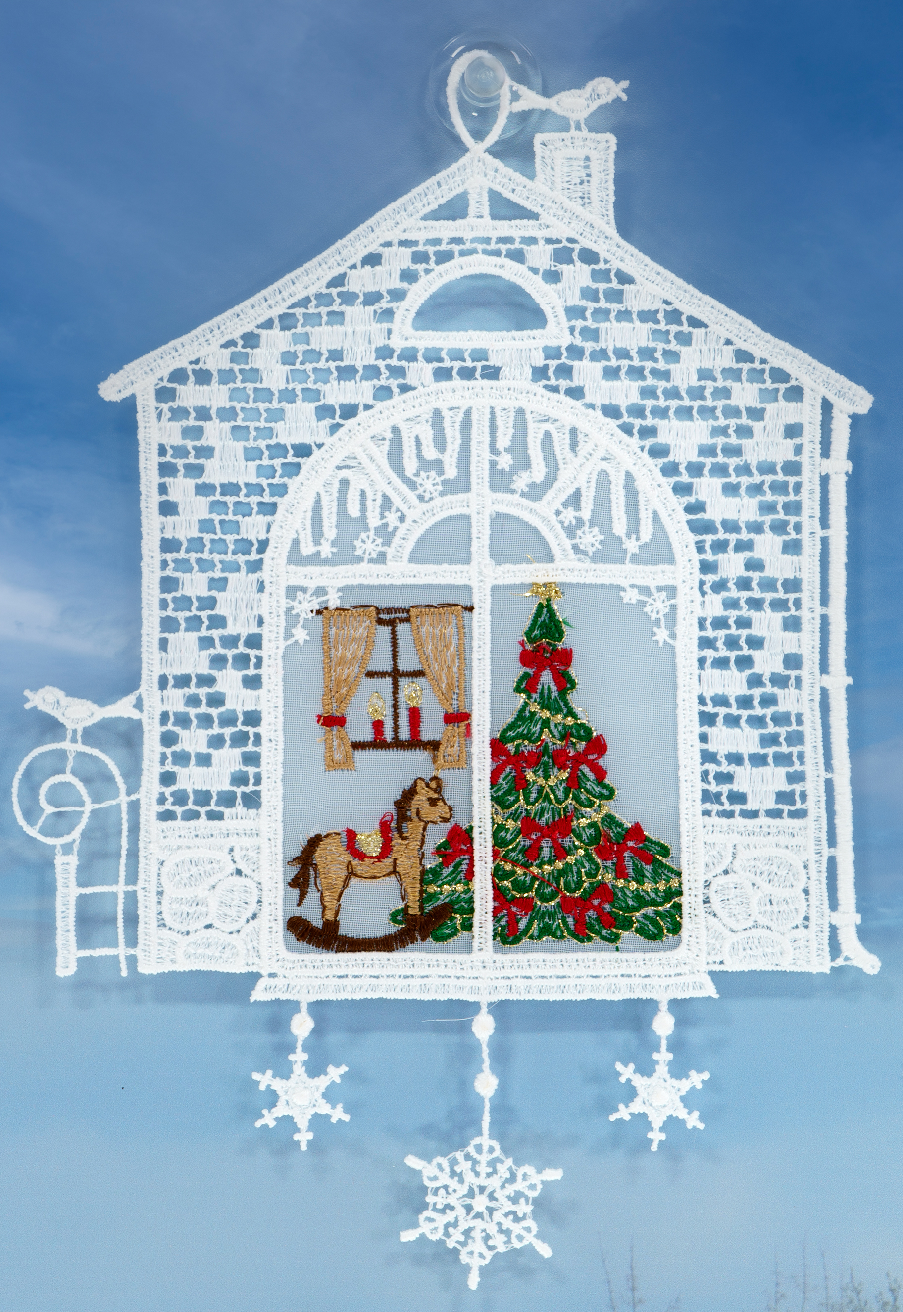 cm Weihnachtsbaum Plauener Voile mit Spitze Saugnapf Weihnachten Fensterdekoration Bestickt Fensterbild Stickerei 24 Weiß Weihnachtsdekoration